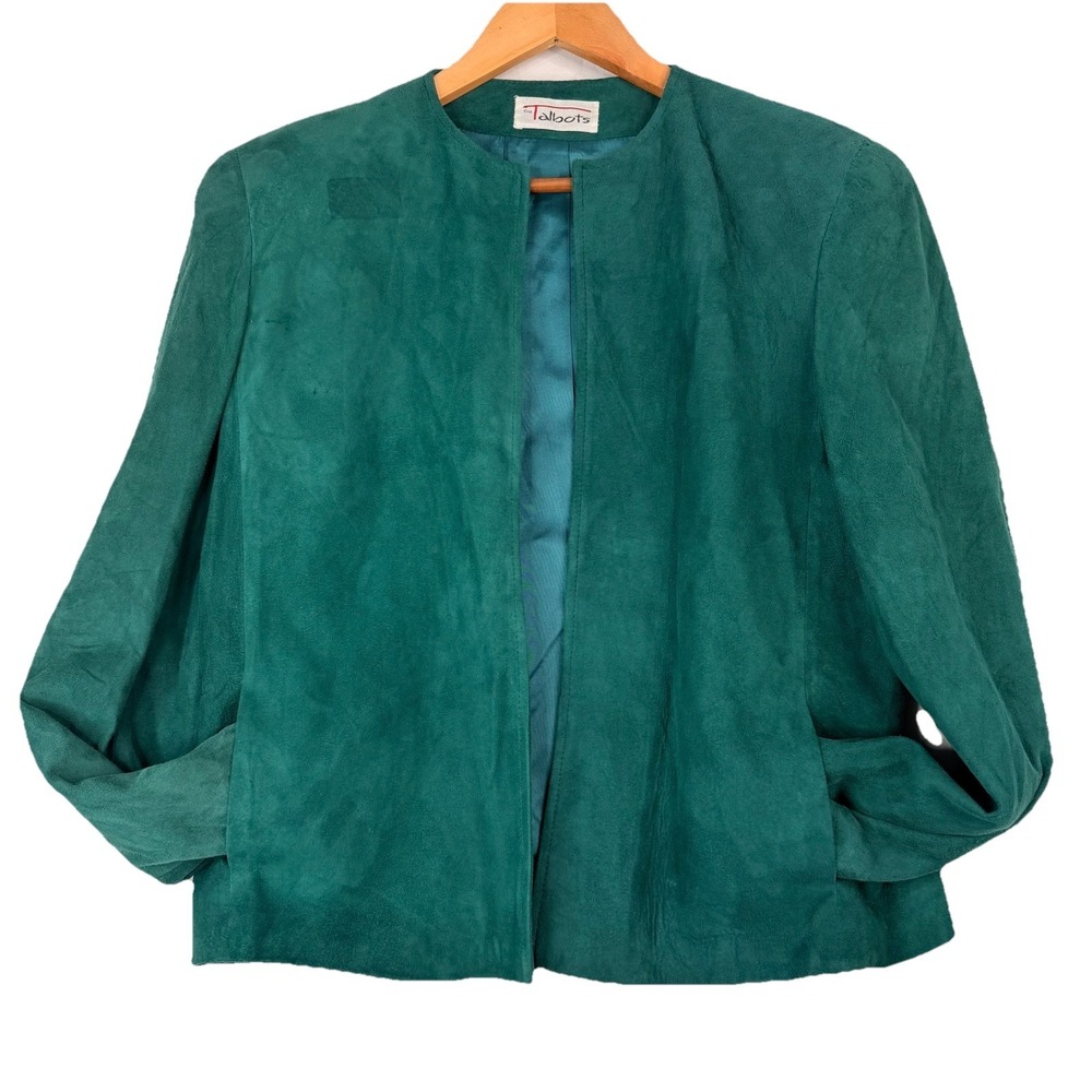 VTG Talbots blazer Teal Green Lamb Suede Collarless Open Front Blazer Jacket 10